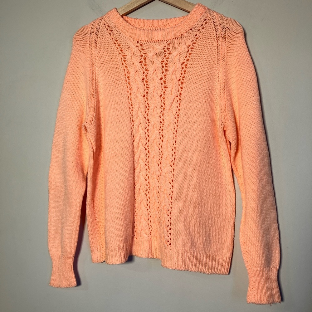 Vintage sweater crew neck cable knit bright orange handknit retro 90s